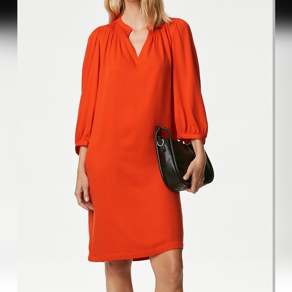 Marks & Spencer 3/4 Sleeves Smocked Shoulders Shift Dress Orange Size Med
